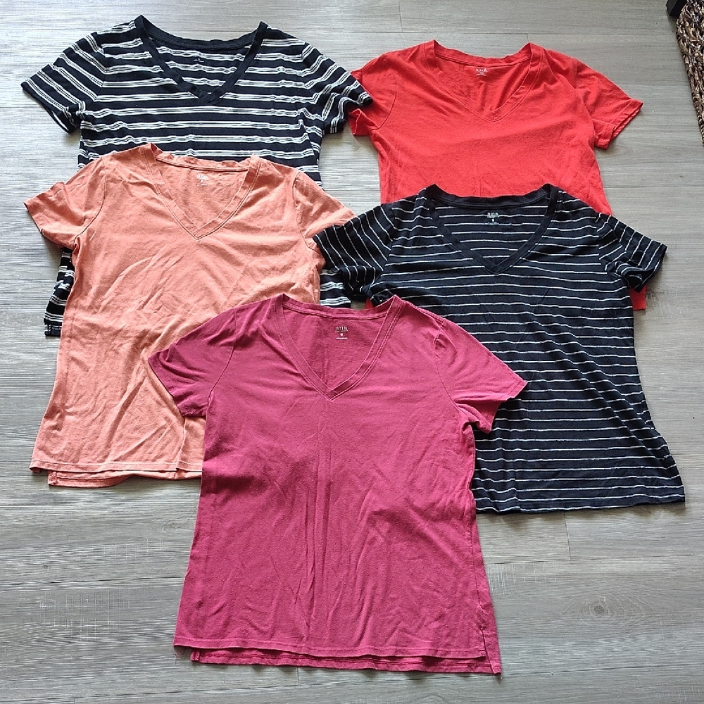 a.n.a Women’s Short Sleeve V-Neck Tees — Coral, Peach, Magenta & Navy Stripe